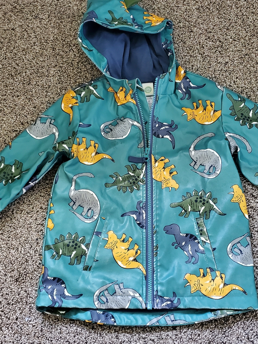 Little Me Teal Dinosaur Raincoat with Yellow, Gray, Green, Navy Print